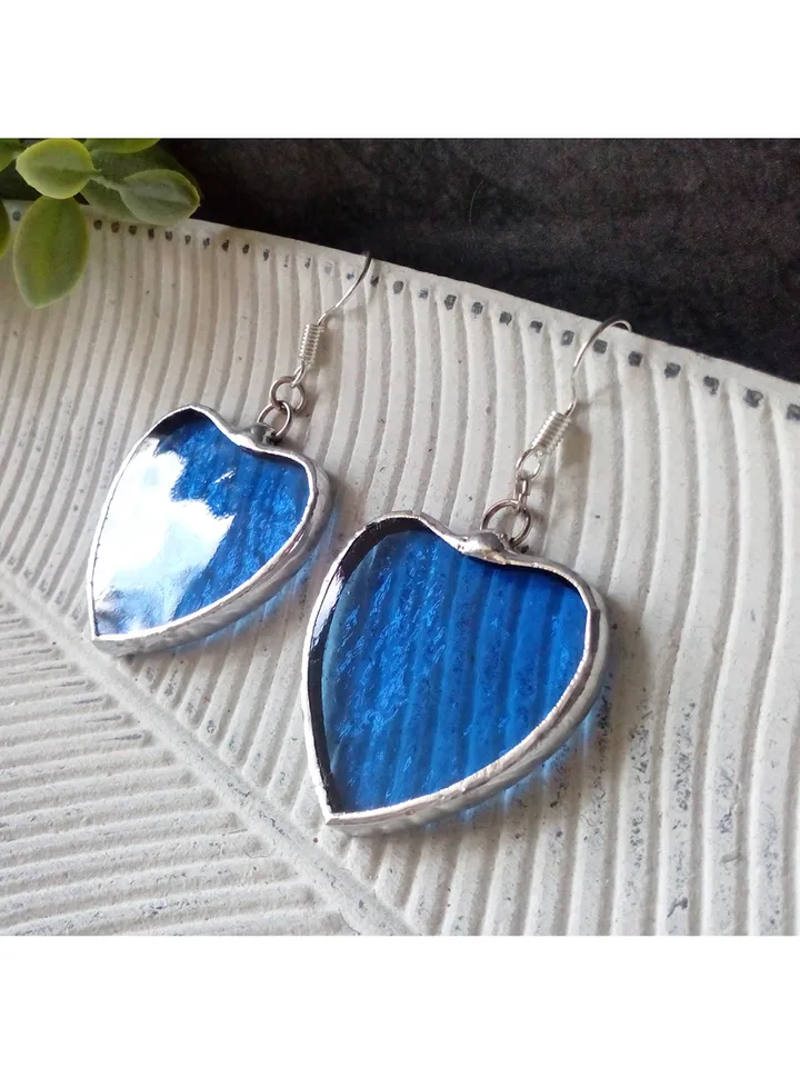 Blue HEART earrings, Stained glass earrings, st Valentine heart earrings, kawaii earrings, Love earrings, Romantic gift