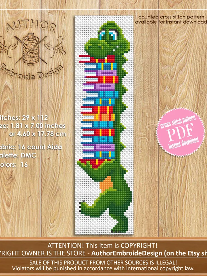 Cute bookmark cross stitch pattern digital PDF Handmade bookmark embroidery beginners Instant download Baby Dinosaur cross stitch #B14
