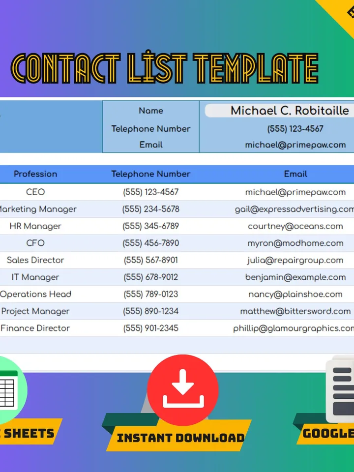 Contact List Template, Editable Google Sheets, Easy-to-Use, Digital Download for Business, Event Planners, Personal Use