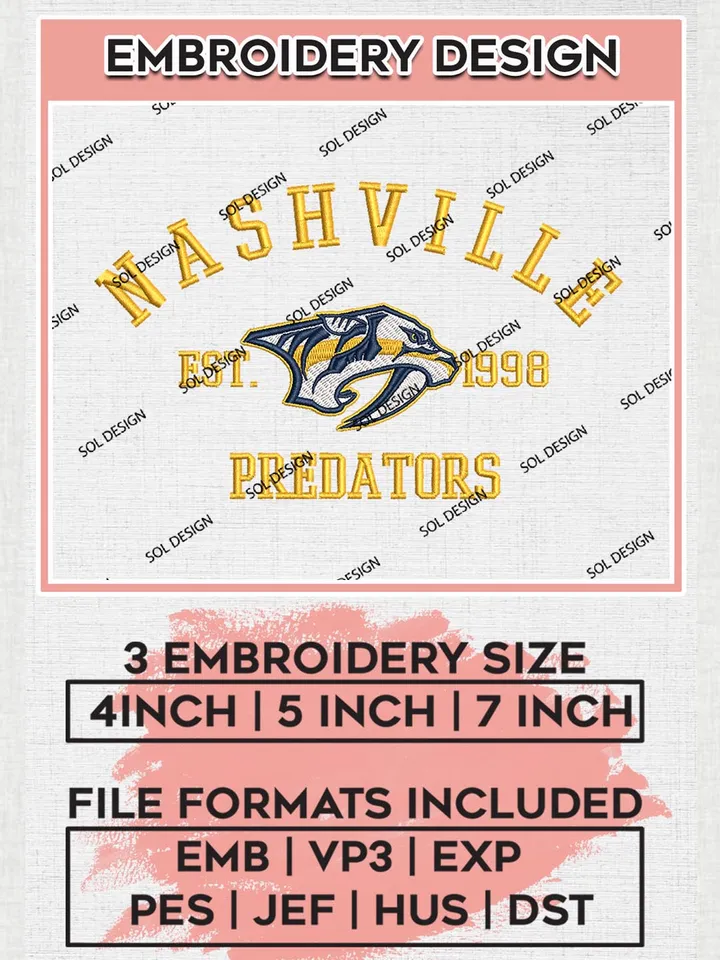 NHL Nashville Predators Est 1998 Embroidery Files, NHL Nashville Predators Machine Embroidery Designs, NHL Embroidery Designs, NHL Machine Embroidery Designs, Digital Download