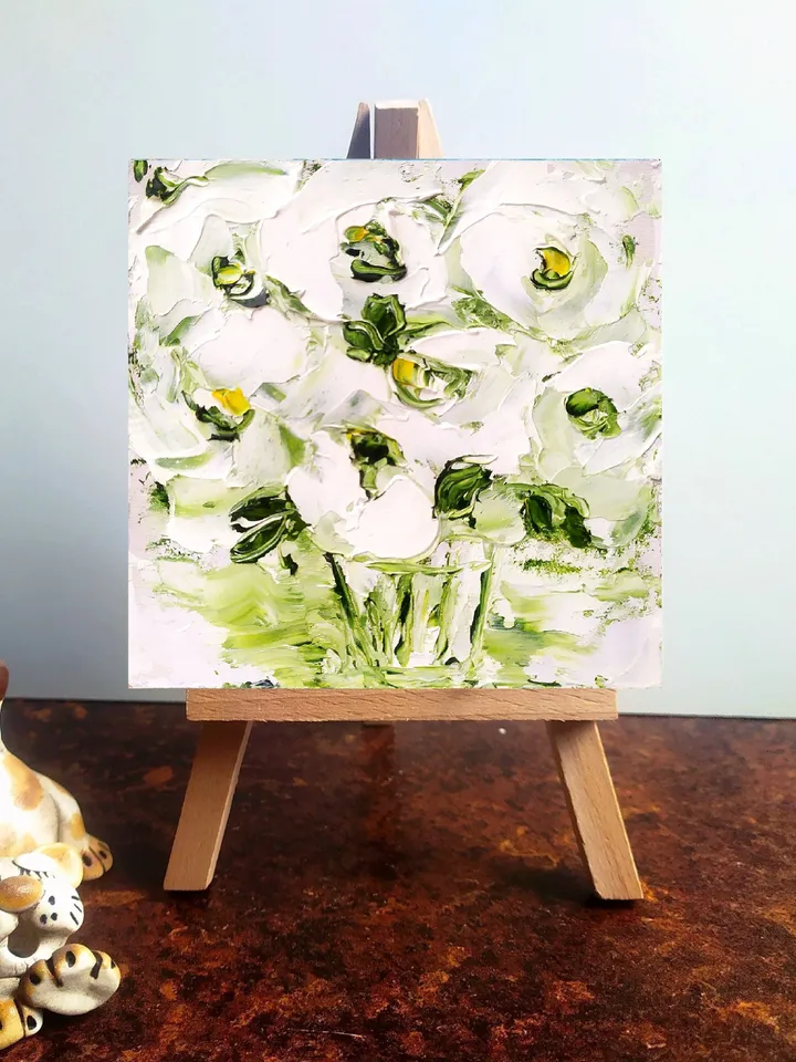 Peonies Painting Flower Original Art Impasto Painting Floral Small Art Peony Original Art Oil boho wall art 4x4 painting by ArtProkopaloSv