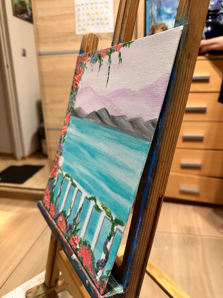 Original Painting Seaside Promenade Resort Town Seascape Mountains Nature Vacation Travel 12x10 inches 30x25 cm Canvas on cardboard Acrylic
