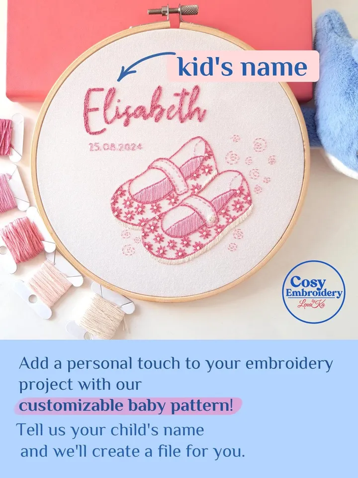 Personalized Baby Name Embroidery Pattern PDF Custom Pink Floral Girl Shoes Design Nursery Wall art DIY Birth Announcement Handmade Hoop Art
