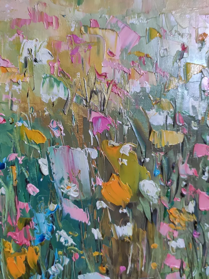 Oil painting abstract landscape with wildflowers.