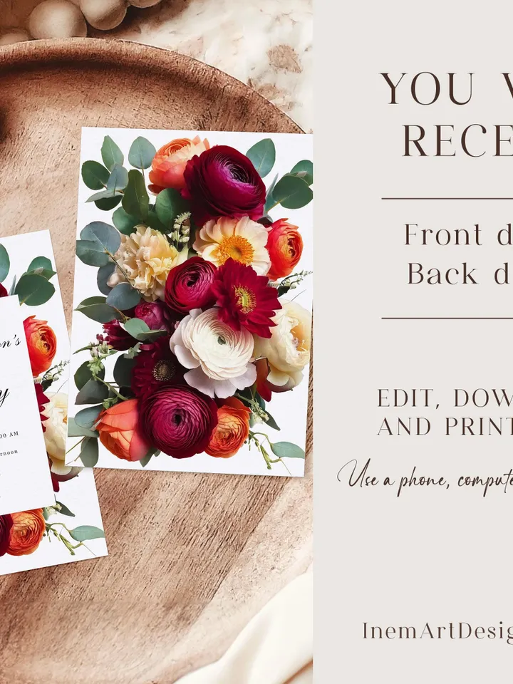 80th Birthday Invitation Elegant Floral Birthday Evite, Burgundy Peach Ivory Ranunculus Eucalyptus 85th Printable Invite canva template