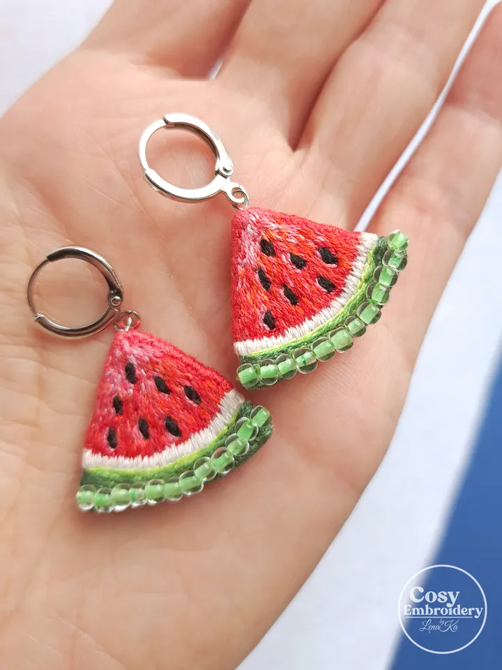 Embroidered Watermelon Slice Earrings Handcrafted Seed Bead Dangles Fun Summer Jewelry Artisan Earrings Quirky Jewelry Accessory Gift