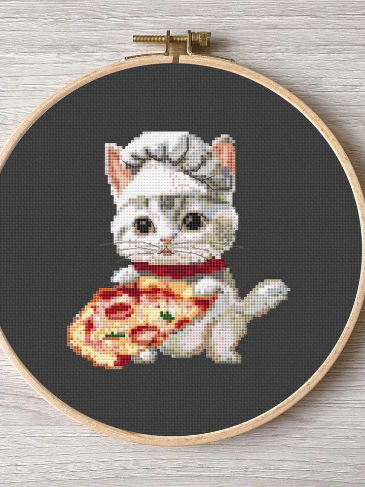 Cat and pizza pattern pdf cross stitch, small design easy embroidery DIY, art 20