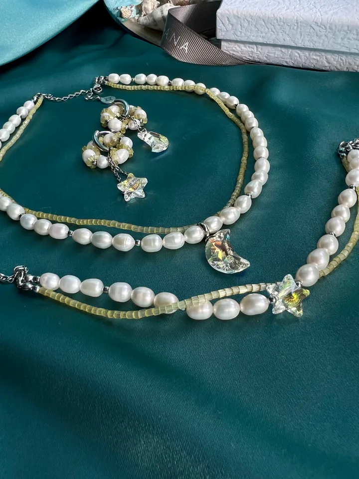 Pearl Jewelry Set Necklace Bracelet Earrings Swarovski pendant CRYSTAL SKY