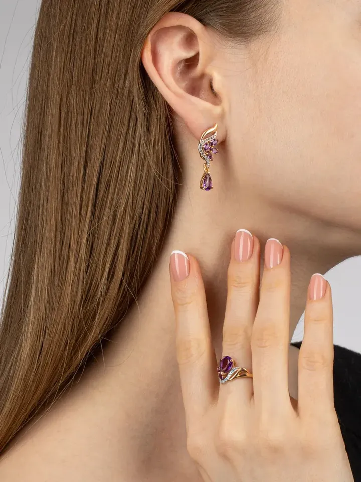 Earrings with natural amethyst and cubic zirconia made of 925 silver