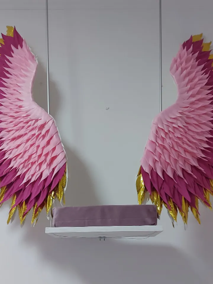 Handmade swing, hanging swing, Large angel wings, fuchsia and gold wings, winged swing,  Party Background nursery decor