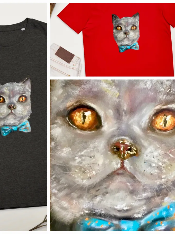 Cat in a bow tie Unisex organic cotton t-shirt made with my original soft pastel painting,funny animals t shirt gifts.