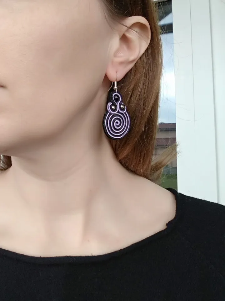 Black and purple Earrings, Embroidered soutache earrings, Boho earrings