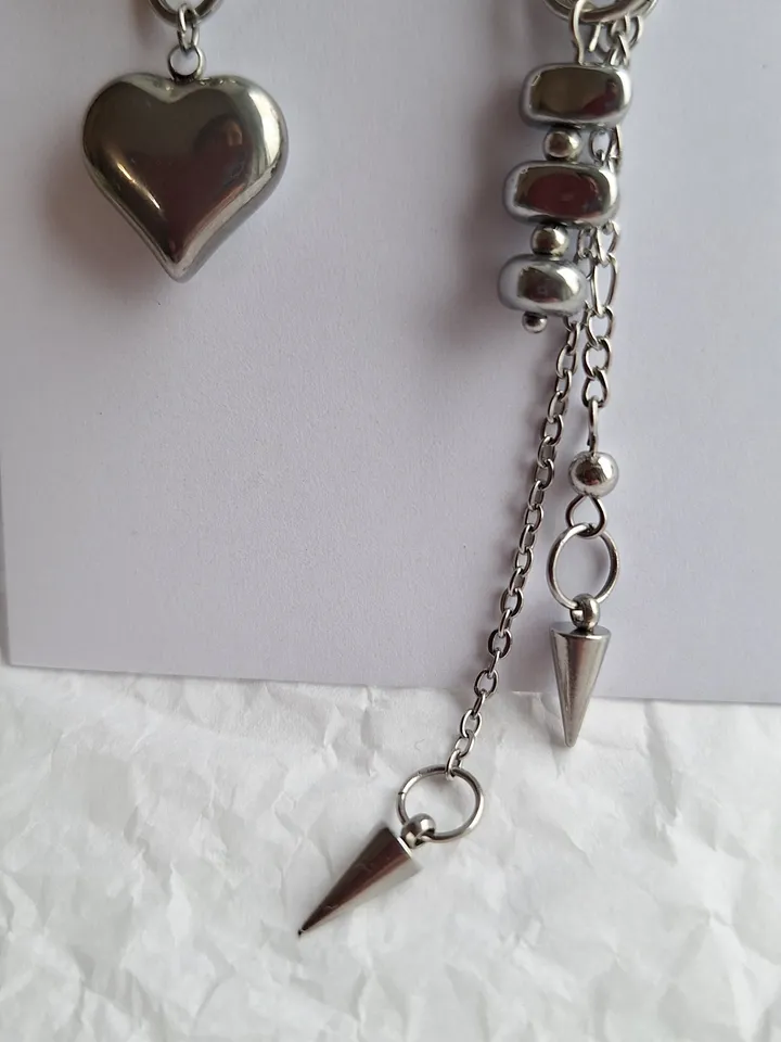 Asymetrical stainless steel earrings and hematite Heart and chain earrings Hoops transformer earrings Gift for her Trendy earrings