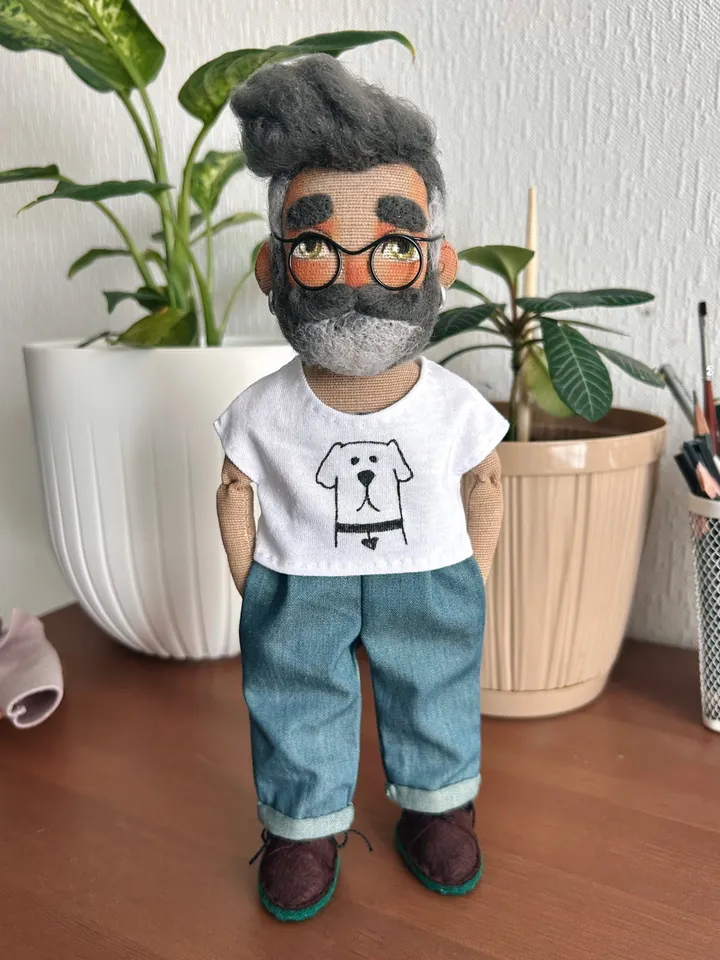 Textile art doll bearded man with grey hair