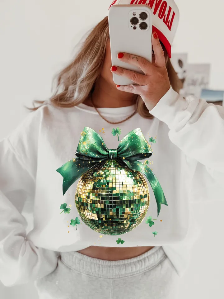 St Patricks Day Disco ball Coquette Bow Four Leaf Clover Lucky Shamrock Bow Lucky Charm Irish Day Shirt Design St Pattys Day Coquette Png