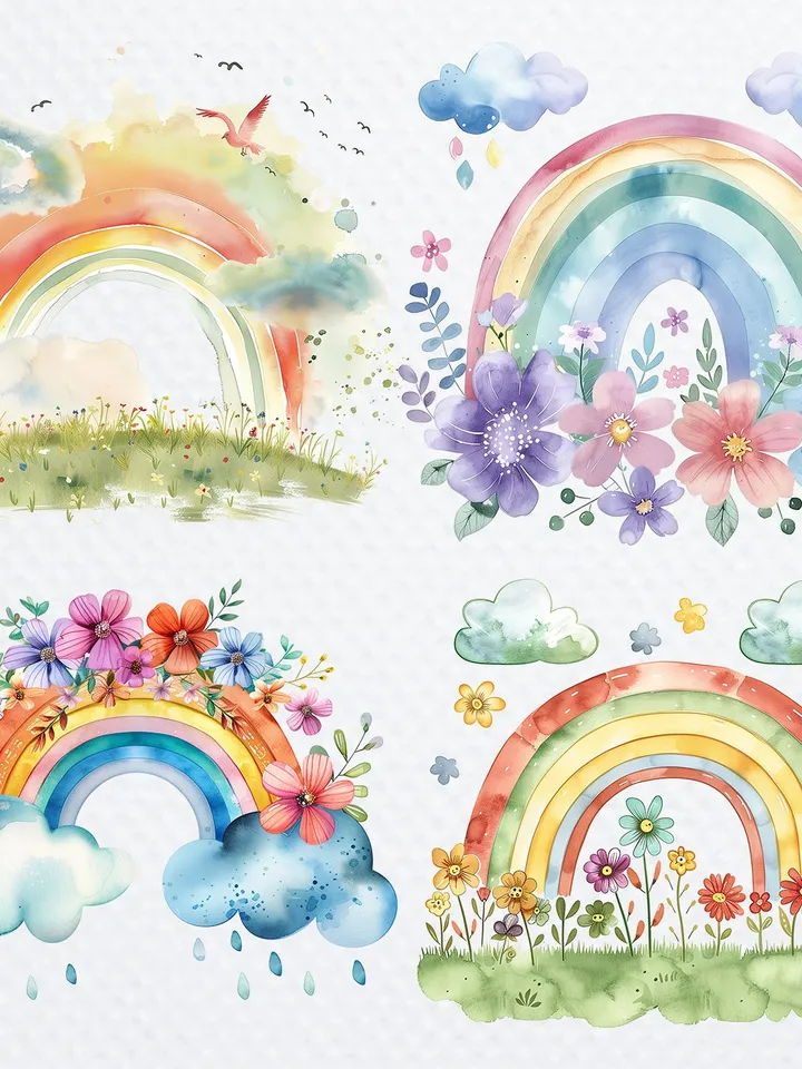 12 PNG Rainbows with Flowers Bundle, Nursery Watercolor Rainbow, Cute Rainbow clipart for sublimation, Digital download, Paper craft
