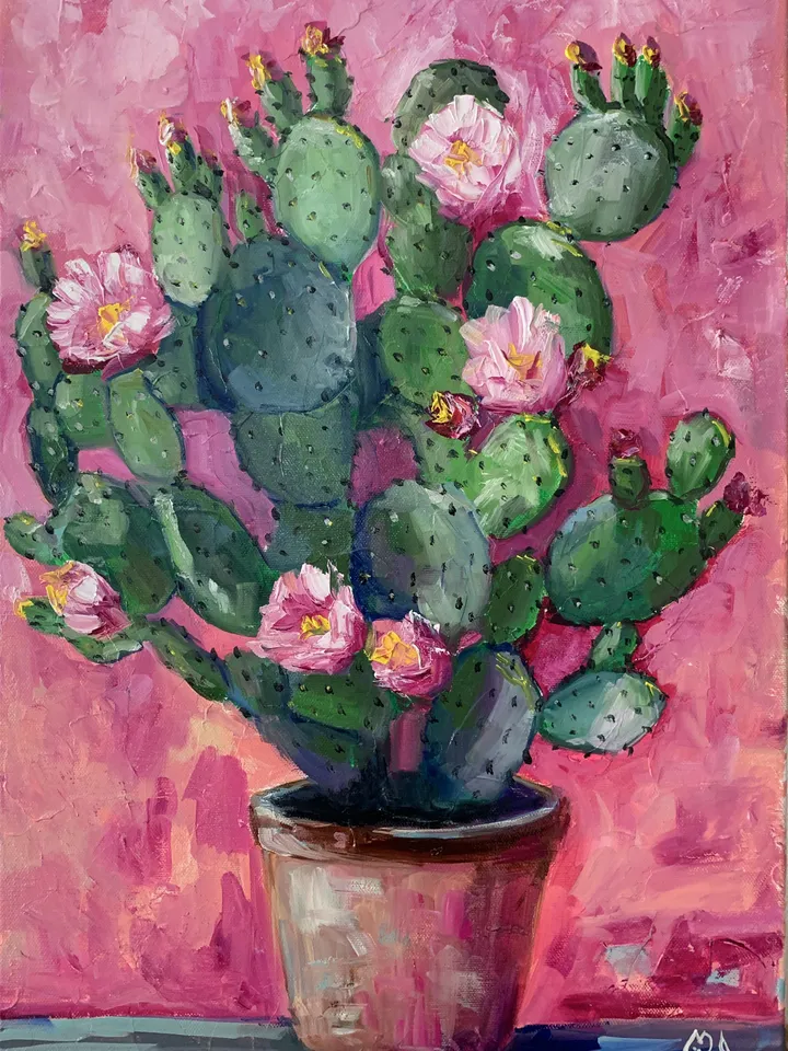 Cactus Painting with Pink Flowers – Original Oil Art on Canvas 16x24 inches