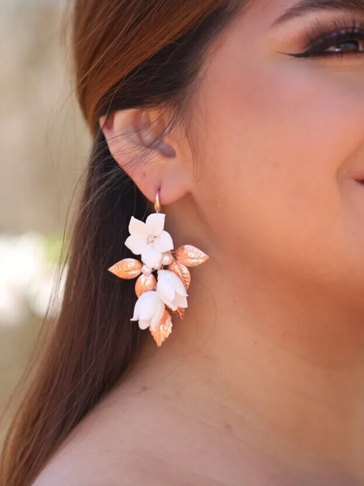 Floral Boho Wedding Earrings, Delicate Porcelain Flowers Bridal Earrings, Rose Gold Statement Leaf Rose Gold Wedding Jewelry Set, Jewellery