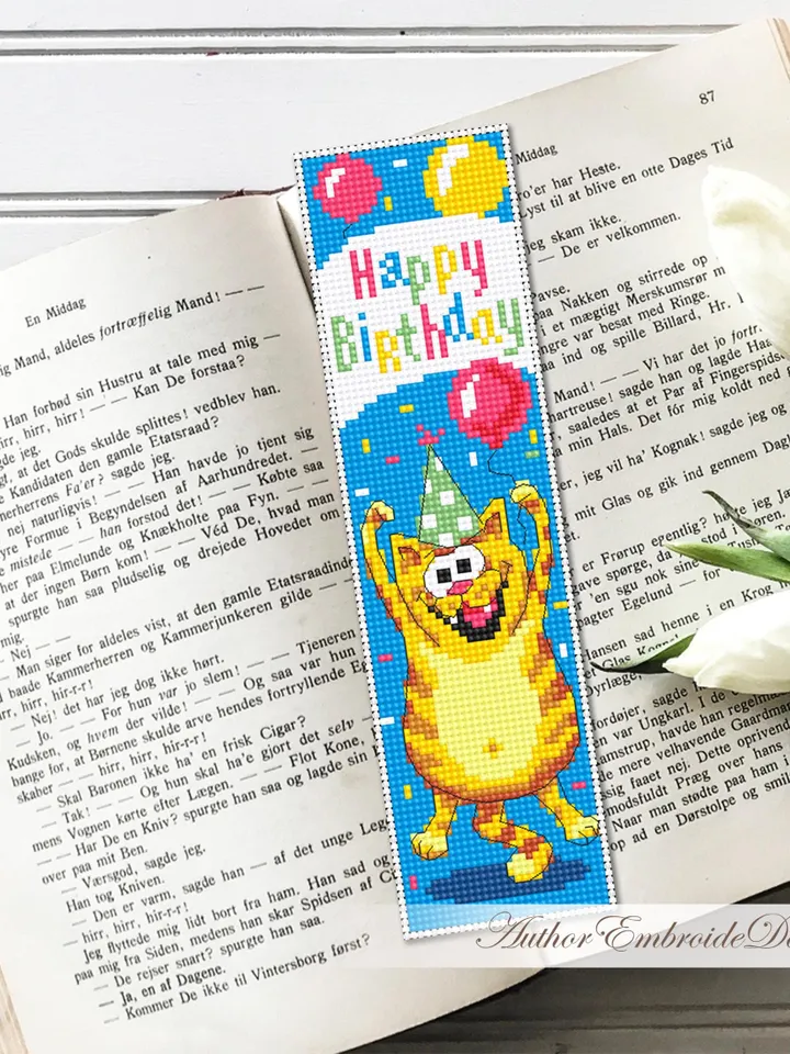 Birthday bookmark cross stitch pattern PDF download Funny cat cross stitch chart, Cat bookmark pattern digital PDF, Happy birthday #B458