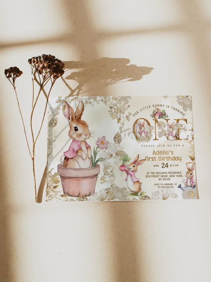 Editable and Printable Invitation template for 1st Baby Birthday party in Peter Rabbit style instant download and unlimited access pr777