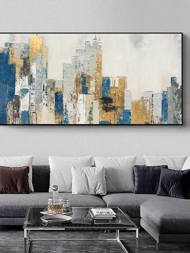 Original Cityscape Oil Painting on Canvas, Large Abstract Gold Leaf City Landscape Acrylic Painting, Modern Blue Living Room Wall Art Decor