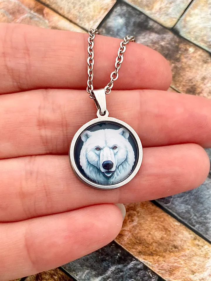 White bear head necklace, steel pendant with glass, Bear lover gift