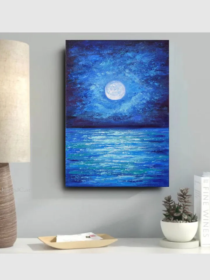 Seascape painting Moonlit night art original oil painting Full moon Night ocean artwork 12 by 8.3 inch by Juliya JC