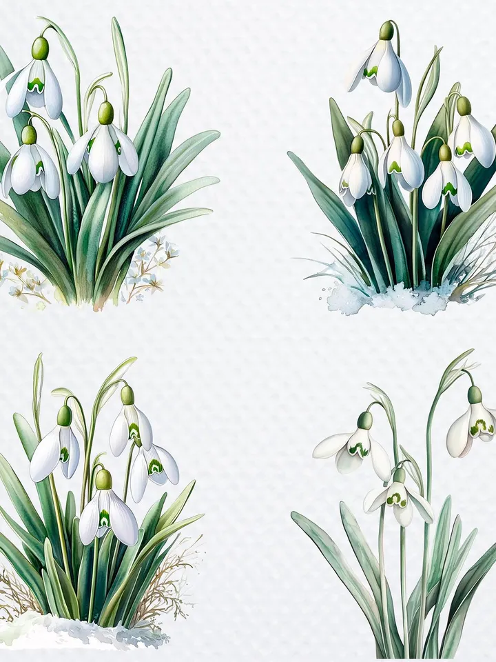 16 Snowdrops Bundle, Spring Flowers Printable Watercolor PNG Digital Clipart for sublimation, High Quality PNGs, Paper craft, junk journals