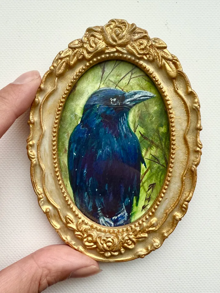 Framed Bird Raven Painting Small Original Witch’s Friend Artwork Crow Art Tiny Oval Painting Bird