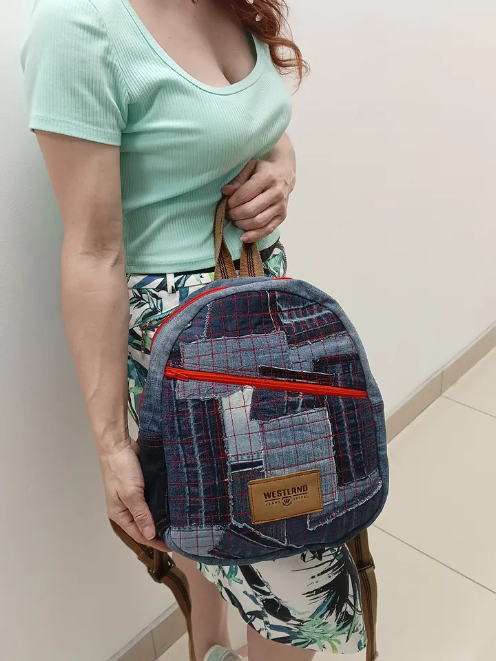 Stylish HANDMADE denim BACKPACK WITH a DEEP POCKET IN THE FRONT IN the lazy boro Patchwork STYLE