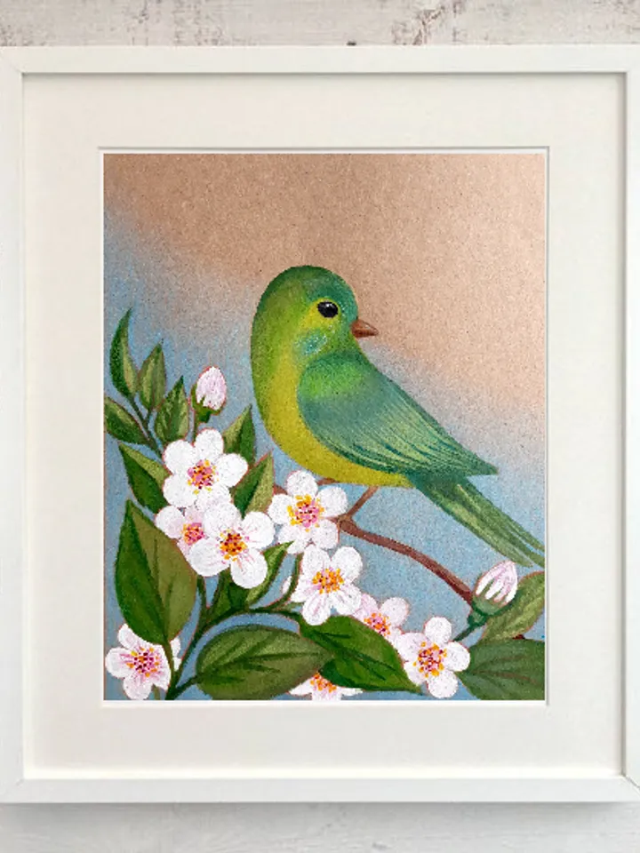 Green Bird in Bloom Painting with Colored Pencils and Acrylic Original Drawing/Painting on paper/Children's picture/Colored Pencils Bird Art