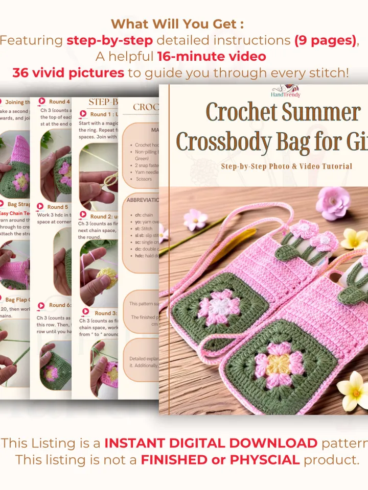 Granny Square Flower Crochet Phone Bag PDF Pattern – Cute Pink Green Crossbody Pouch Tutorial – DIY Floral Mobile Purse Pattern