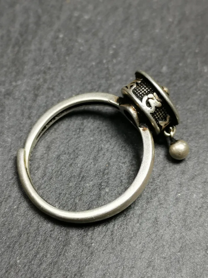 Gandhanra Unique Handcrafted Tibetan Silver Prayer Wheel Ring | Mandala Shape & Om Mantra | Adjustable Size | Protection Jewelry for Women