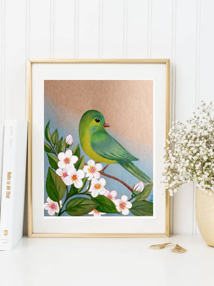 Green Bird in Bloom Painting with Colored Pencils and Acrylic Original Drawing/Painting on paper/Children's picture/Colored Pencils Bird Art