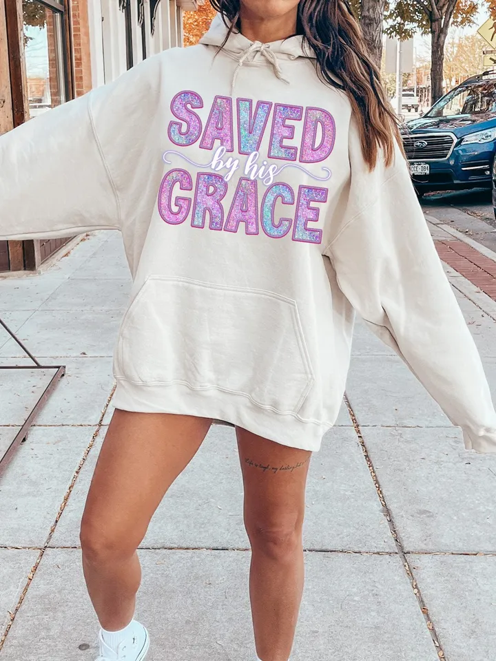 Saved By His Grace Faux Sequins Embroidered PNG, Easter Christian Png, Easter Bible Verse, Risen doodle png, retro easter png, Boho Design