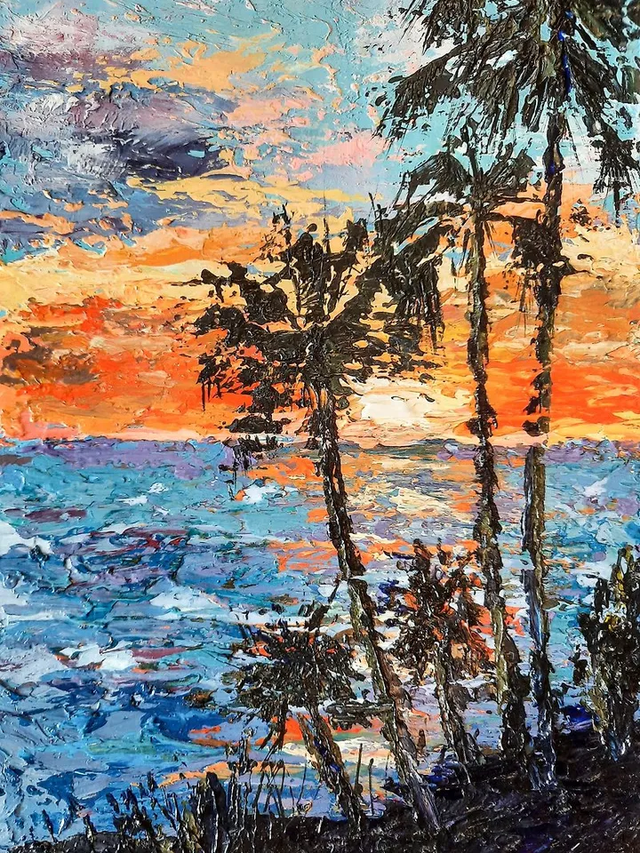 Sunset Seascape Original acrylic painting Beach painting Palm tree art Small art