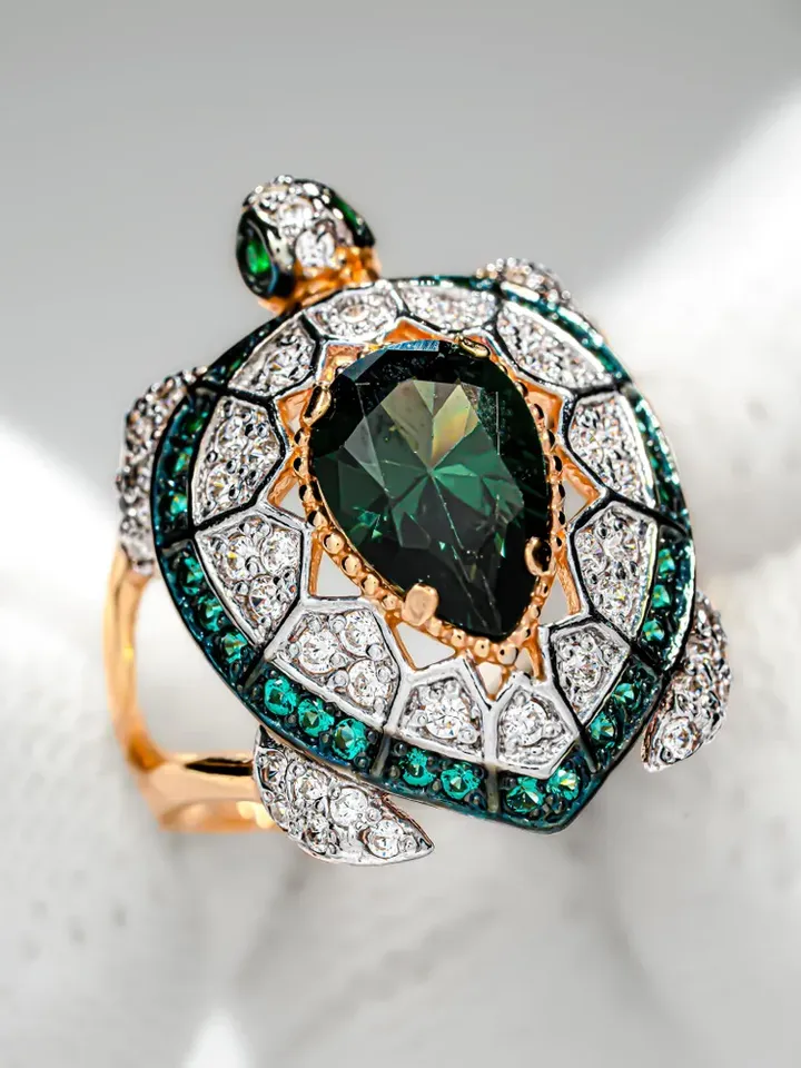 Ring Silver gold plated 925 assay value with tourmaline and cubic zirconia