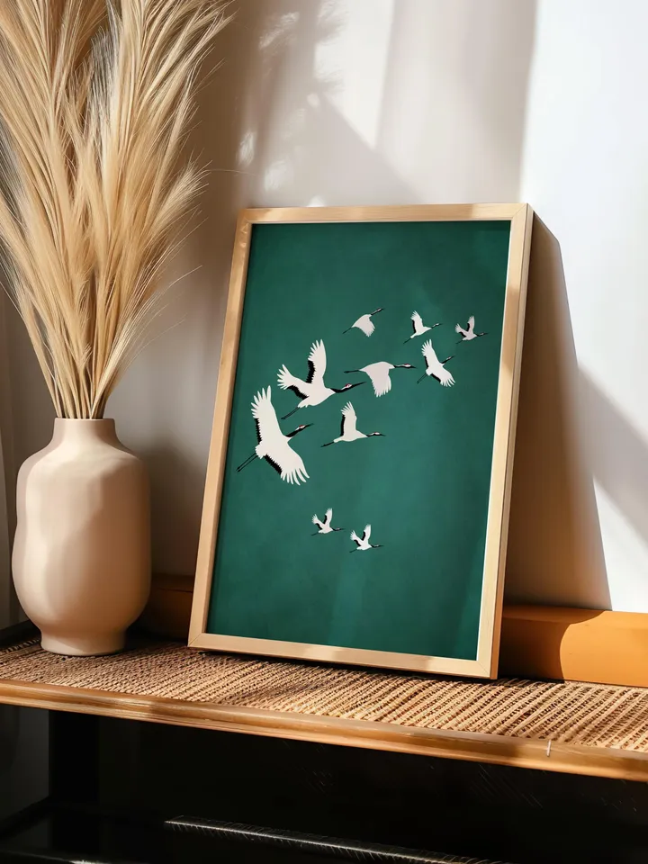 Emerald Cranes Wall Art Digital Print Japanese Style Gold Accent Bird Poster Maximalist Green Decor Eclectic living Room Artwork Gift poster