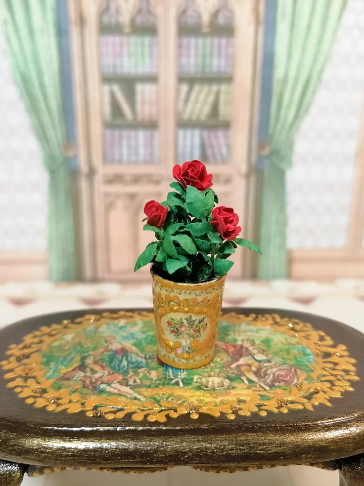 Rose in a pot. Dollhouse miniature.1:12 scale.