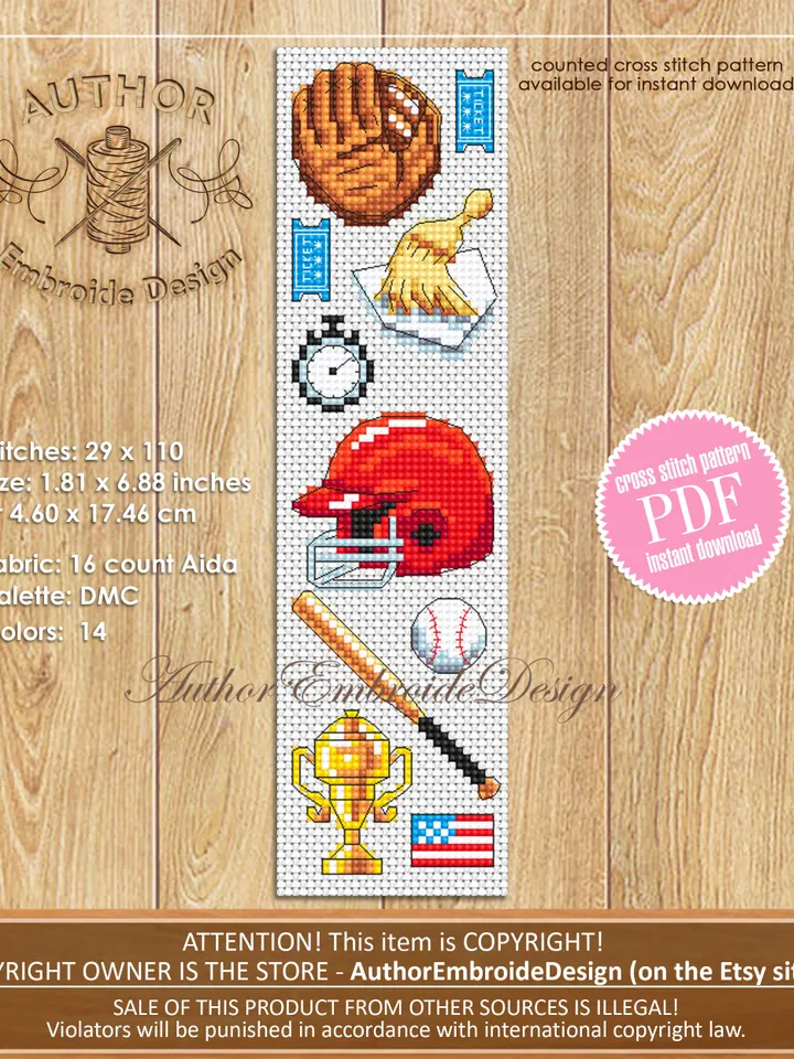 Baseball bookmark cross stitch pattern PDF download Sport mini cross stitch chart Modern bookmark pattern digital PDF Bookmark for men #B309
