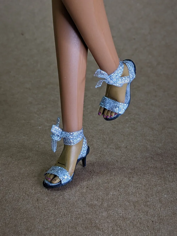 Handmade silver sandals with ribbon for 16-inch Fashion Royalty doll (FR16)