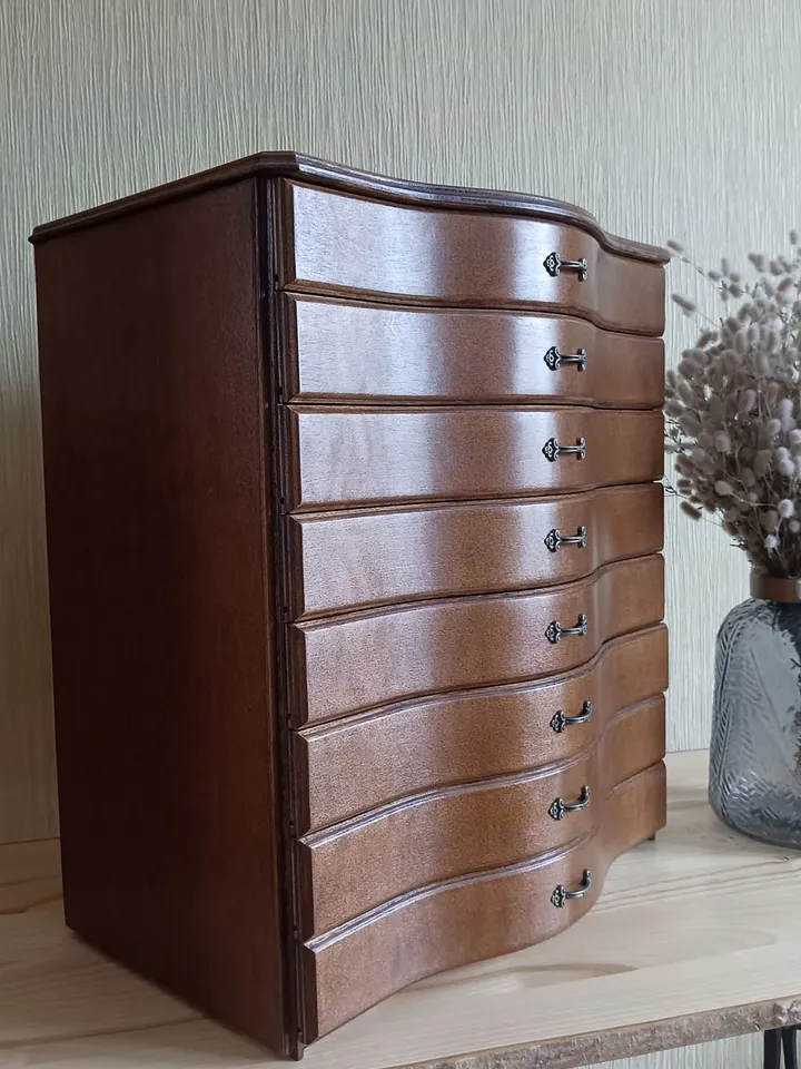 Floss storage cabinet for DMC floss bobbins and skeins, Stitching drawer box with curved faces in vintage style