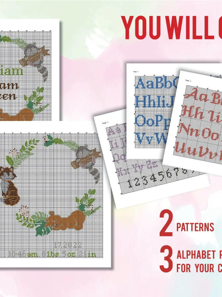 Zoo Animals Birth announcement cross stitch pattern, baby, personalized, boy girl nursery decor, counted, gift DIY, embroidery, instant PDF