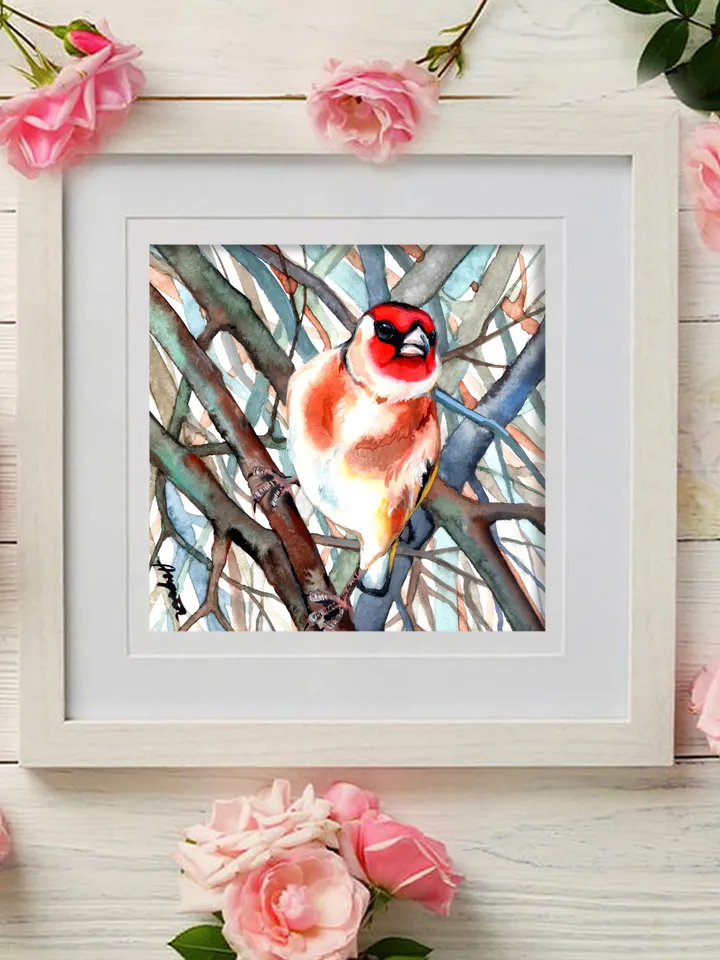 Goldfinch original watercolor, birds painting, handmade wall decor, 5.7x5.7 in art for bird lovers by Anne Gorywine