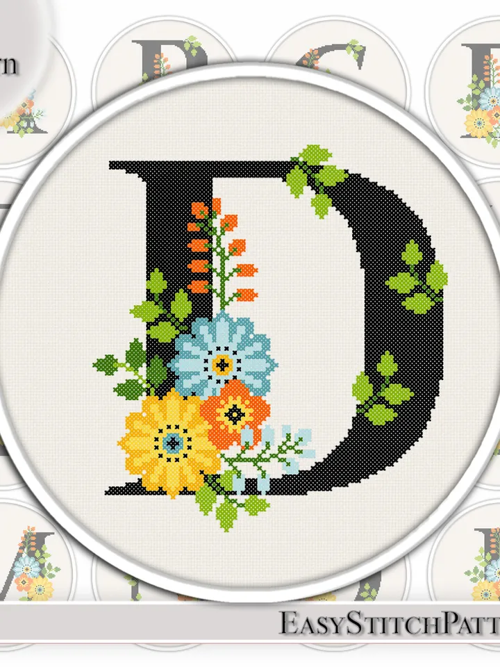 Floral Letter D Initial cross stitch pattern Monogram cross stitch Anniversary cross stitch