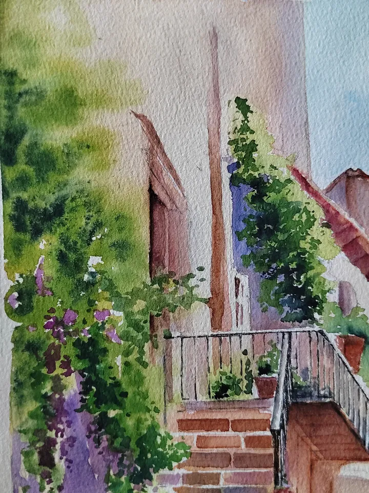 Original Watercolor Painting Urban Landscape Art Italian Courtyard Artwork Sunny Afternoon Picture 27x36 cm by SoftWaves