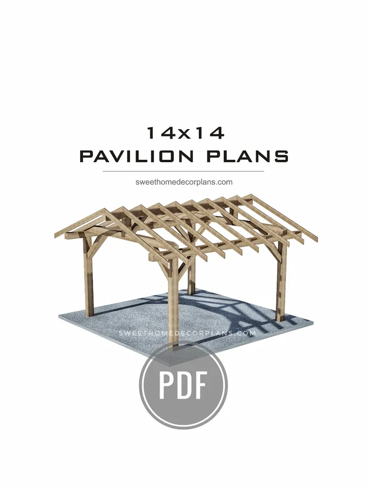 Diy 14 x 14 Gable Pavilion Plans in pdf. Square outdoor pavilion gazebo plans. Carport plans. Diy backyard wooden pavilion plans for outdoor.