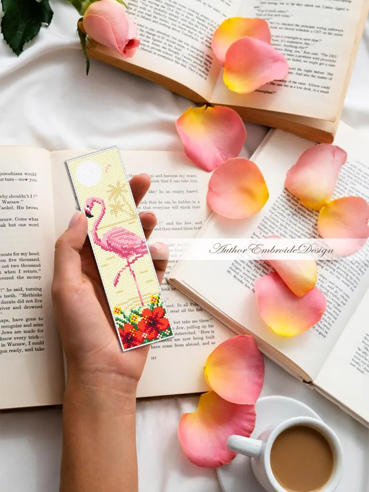 Flamingo bookmark cross stitch pattern PDF download Pink flamingo cross stitch chart, Nature bookmark pattern digital PDF, Pink bird #B441