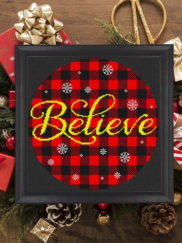 Buffalo plaid cross stitch pattern download PDF Believe Christmas cross stitch chart Merry Christmas pattern digital Holiday ornament #N34