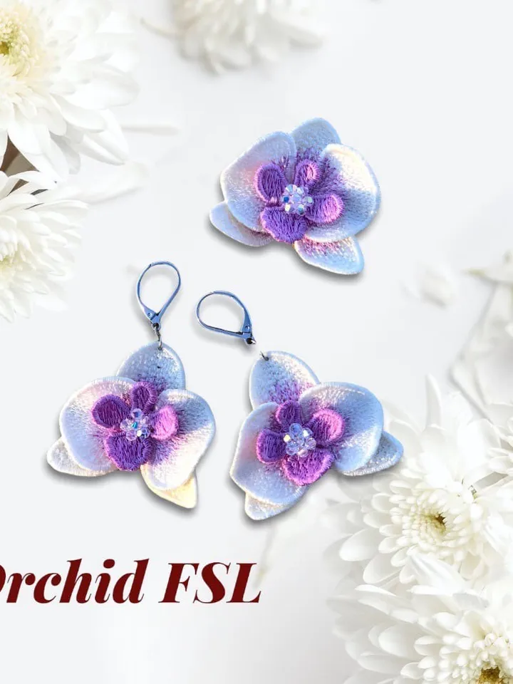 Orchid FSL machine embroidery designs Free standing lace embroidery pattern 3D flower embroidery motif Flower FSL embroidery Earrings FSL